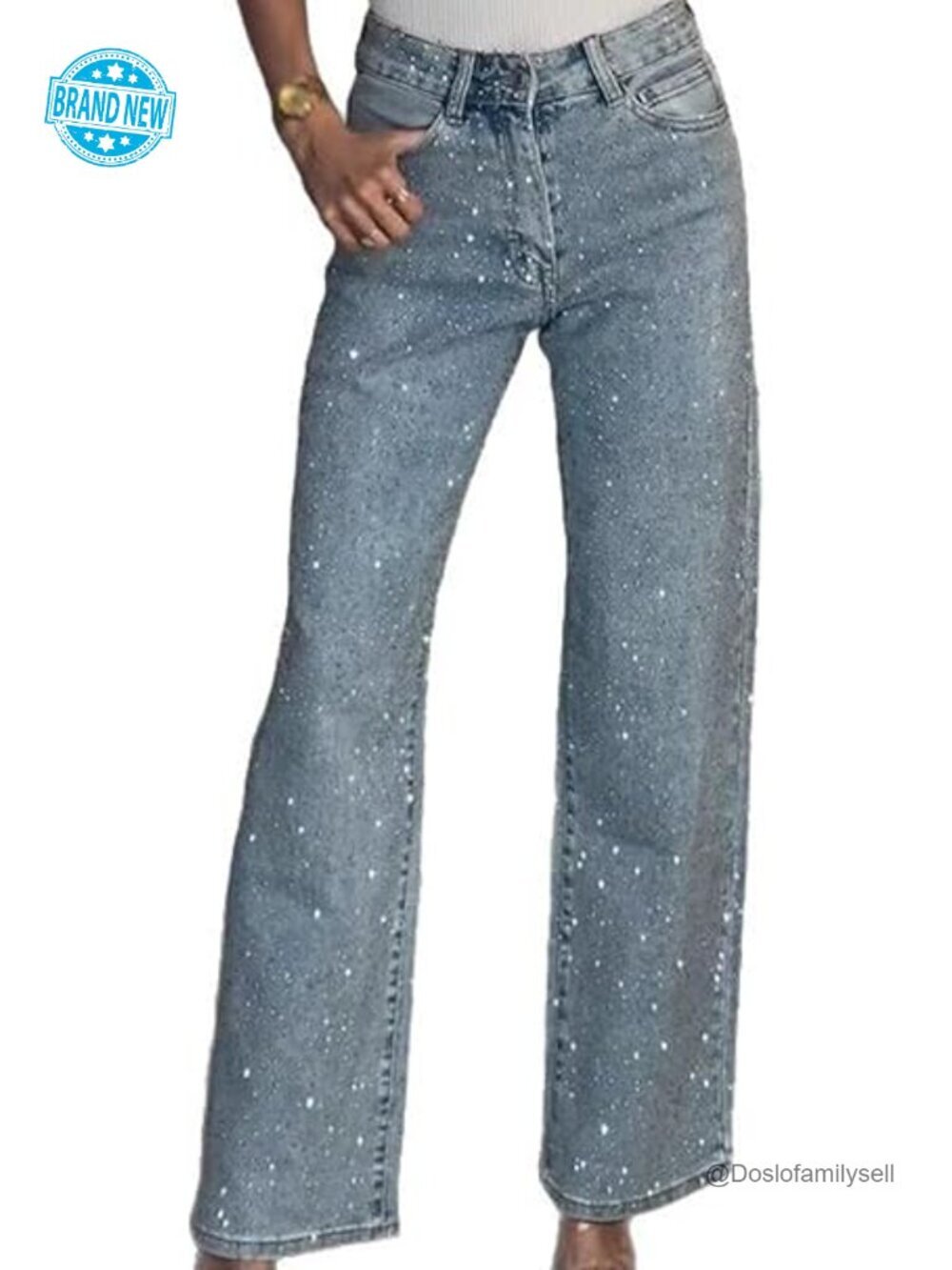 Straight Leg Rhinestone High Waisted Pearl Boyfriend Jeans Sparkly Bling